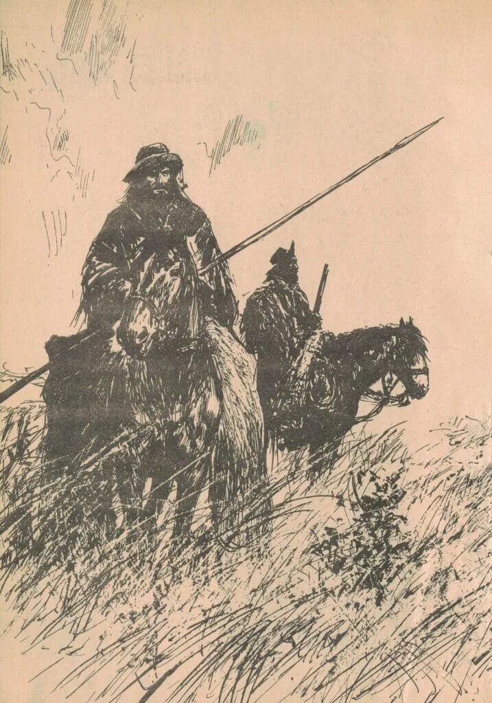 A black and white drawing of two men on horseback, representing a Samba Steakhouse.